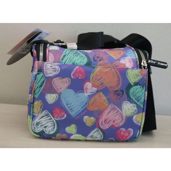 Betsey Johnson TBJ-1300 Women's Purple Multi Hearts Insulated Cube Lunch Tote - Picture 2 of 8